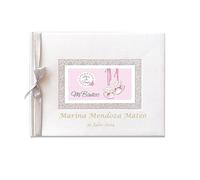 Curia Grabador Libro de firmas para Bautizo, Personalizado Grabado con Nombre del niño y Fecha. Modelo Patucos (Rosa)