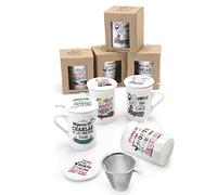 Curia Grabador Tazas para infusión con frases divertidas - Tazas para té y desayunos con frases - Incluye filtro - Pack 4 unidades