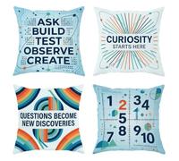 Curiosity - Juego de 4 fundas de almohada modernas inspiradoras con diseño de preguntas inspiradoras N/A, color azul con patrón de cremallera oculta, decoración de sala de estudio, 16 x 16 pulgadas