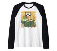 Curious Reading Animals Frog Raccoon Dog Book Lover Camiseta Manga Raglan