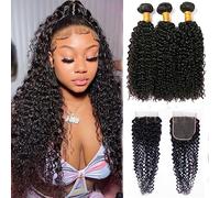 Curly Human Hair Bundles with Closure Kinky Curly Weave Bundles Human Hair 100% Virgen Brasileño sin procesar 3 manojos de cabello humano con cierre 4x4 12 14 16+10 pulgadas Color Negro Natural