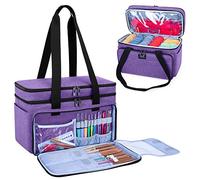 CURMIO Doble Capa Bolsa de Ovillos y Labores, Almacenamiento Con Muchos Bolsillos Para Ganchillos y Accesorios, Púrpura (Sola Bolsa)