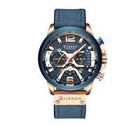 CURREN Reloj de vestir para hombre con esfera de zona horaria múltiple, visualización de fecha, correa de cuero, reloj de cuarto de galón, color azul 8329, Correa