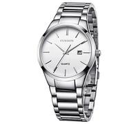 CURREN Relojes clásicos para hombre, correa de acero negro/plata, reloj de pulsera analógico de cuarzo con fecha para hombre (blanco plateado), Plateado blanco, Classic