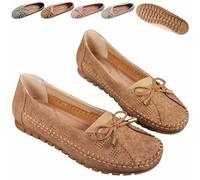 Curvahouse Orthopedic Leather Shoes, Women Bow-Knot Round Toe Flats Loafers, Lightweight Anti-Slip Breathable Sandals (Khaki,37)