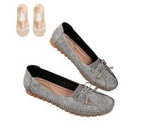 Curvahouse Orthopedic Leather Shoes-Women Dressy Slip-On Bow-Knot Round Toe Flats Loafers, Lightweight Anti-Slip Breathable (Gray,37)