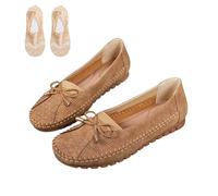 Curvahouse Orthopedic Leather Shoes-Women Dressy Slip-On Bow-Knot Round Toe Flats Loafers, Lightweight Anti-Slip Breathable (Khaki,36)