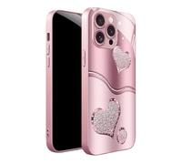 Curve Double Heart Hard Case for iPhone 17/16/15/14 Pro MAX, Sparkling Heart Hard Tempered Glass Case for iPhone, Full-Coverage Drop-Proof (Style C,14Pro)
