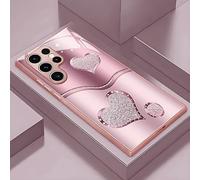 Curve Double Heart Hard Case for Samsung, Curved Double Heart Pink Tempered Glass Phone Case for Galaxy S25/24/23/22/21/20 Plus/UItra/FE (S20,Pink)