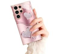 Curve Double Heart Hard Case for Samsung, Curved Double Heart Pink Tempered Glass Phone Case, for Samsung 21-25 Series (Galaxy S21 Ultra)