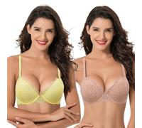 Curve Muse con Aros para Mujer, Talla Grande, Push up, Sujetadores de Encaje con Copa y Media- Paquete de 2-Rosa,Amarilla-110C