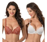 Curve Muse con Aros para Mujer, Talla Grande, Push up, Sujetadores de Encaje con Copa y Media- Paquete de 2-Crema,Óxido-95C