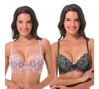 Curve Muse con Aros para Mujer, Talla Grande, Push up, Sujetadores de Encaje con Copa y Media- Paquete de 2-Blanca/Roja,Negra/Gris-105C-V2