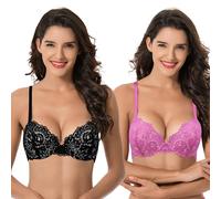 Curve Muse con Aros para Mujer, Talla Grande, Push up, Sujetadores de Encaje con Copa y Media- Paquete de 2-Rosa Caliente,Negro-100C