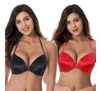 Curve Muse Empuje hacia Arriba para Mujer Agregue 1 y Media Copa con Aros Halter con Frente Cierre Cerrado Sujetadores-Paquete de 2-Negro,Rojo-110C