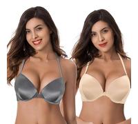 Curve Muse Empuje hacia Arriba para Mujer Agregue 1 y Media Copa con Aros Halter con Frente Cierre Cerrado Sujetadores-Paquete de 2-Gris,Desnudo-95F