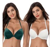 Curve Muse Empuje hacia Arriba para Mujer Agregue 1 y Media Copa con Aros Halter con Frente Cierre Cerrado Sujetadores-Paquete de 2-Blanco,Verde Dk-85B