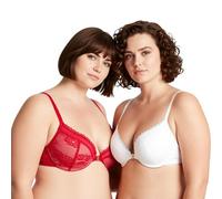Curve Muse Empuje hacia Arriba Sujetador Talla Grande para Mujer con 1 Copa con Aros y Cierre Frontal-Paquete de 2-Rojo, Blanco-110B