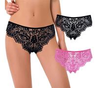 Curve Muse Mujeres Tanga Tangas Hipsters Ropa Interior Encaje Floral Bragas-Paquete de 2-Rosa Caliente,Negro-M