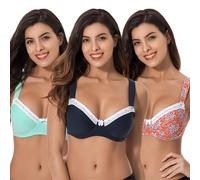Curve Muse sostén de algodón sin Forro, con Aros, Talla Grande, para Mujer con Paquete de 3-Armada,Lt Verde,Estampado Naranja-105C