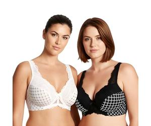 Curve Muse - Sujetador con Aros sin Forro Minimizer para Mujer con Bordado de Encaje-Paquete de 2-Blanco,Negro-115E