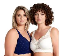 Curve Muse Sujetador inalámbrico sin Forro de Cobertura Total de Encaje minimizador de Talla Grande para Mujer-Paquete de 2-Marina,Blanca-100B-(EU:85B)-V2