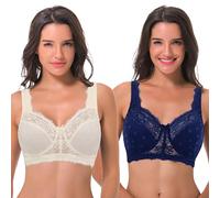 Curve Muse Sujetador inalámbrico sin Forro de Cobertura Total de Encaje minimizador de Talla Grande para Mujer-Paquete de 2-Marina,Blanca-110D-(EU:95D)
