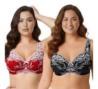 Curve Muse Sujetadores de Cobertura Completa de Encaje inalámbrico sin Forro para Mujer Talla Grande minimizador-Paquete de 2-Black,Red-95D-(EU:80D)