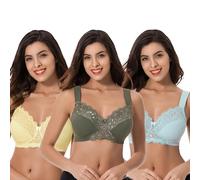 Curve Muse-Sujetadores inalámbricos minimizadores sin Forro Talla Grande con Encaje Bordado-Paquete de 3-Yellow,Light Blue,Hunter Green-95C-(EU:80C)