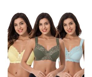 Curve Muse-Sujetadores inalámbricos minimizadores sin Forro Talla Grande con Encaje Bordado-Paquete de 3-Yellow,Light Blue,Hunter Green-115E-(EU:100E)