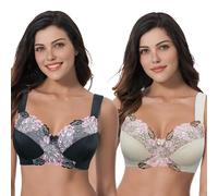 Curve Muse Talla Grande para Mujer,minimizador,inalámbrico,Sujetador sin Forro con Encaje Bordado-Paquete de 2-Black,Nude-105G