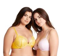 Curve Muse Tallas Grandes para Mujer agregue 1 y Media Empuje hacia Arriba Sujetadores de Encaje con Aros-Paquete de 2-Rosa Claro,Naranja-115D