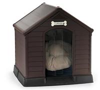 CURVER Caseta de Perro marrón Grande, Incluye cojín, Cortina y Etiqueta con Nombre - Fabricada en Resina 99Wx99LxH95 cm