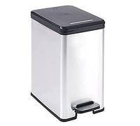 Curver - Cubo de basura Slim con pedal 25L, acabado color acero, tapa con cierre amortiguado y aro para bolsa