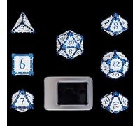 Cusdie 7 Dados de Metal DND con Caja de estaño, Juego de Troqueles poliédricos con diseño de Daga, para Juegos de rol, Dados D&D Pathfinder (Azul Blanco)