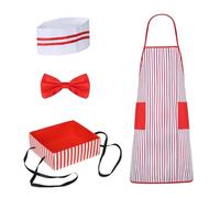 CUSFULL 4 delantales de chef, para disfraz de camarero, cosplay, color rojo y blanco, con diseño de rayas rojas y blancas, corbatín, ajustable, para carnaval de los años 50, bandejas, accesorios para