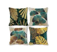 Cushion Cover 45cm x 45cm Set of 4 Green and Gold Leaf Decorative Pillow Covers 18x18" Linen Square Cushion Cover for Outdoor Furniture Garden Living