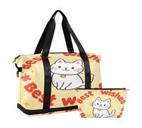Custom Wishes - Bolsa de viaje grande con diseño de gato blanco con correa ajustable para viajes, impermeable, Gato blanco de dibujos animados de deseos personalizados, 1 size