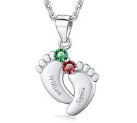 Custom4U Collar Nombre Hijo Personalizado Mujer con Piedras de Cumpleaños Circonitas Colgante Pies de Bebe Cúbicos Cadena Hipoalergénica Plata de Ley 925 Joyería Preciosa Regalo Navidad