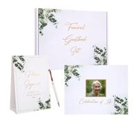 Customoffi Elegante juego de libro de invitados funerarios, recuerdo de recuerdo para la celebración de la vida, libro de invitados de tapa dura de 9 x 7 pulgadas con ventana de fotos, letrero de mesa