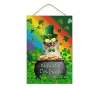 CustonCares Letrero colgante de madera con texto en inglés "Kiss Me I'm Irish Wood" para decoración de arte con diseño de perro con sombrero verde irlandés, letreros de madera para guardería, despensa