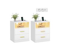 VASAGLE Custos Colección - Juego de 2, Mesita de Noche con Estación de Carga, Luz LED, Mesa Auxiliar con Cajones, Estante Abierto, 2 Tomas CA y Puertos USB, Blanco Nube LET829WB01