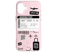 Cute Airplane Boarding Travel Pass Happy Doodle Blush Pink Carcasa para iPhone 16 Plus