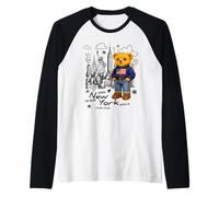 Cute American Teddy Bear Sketch Drawing, New York Teddy Bear Camiseta Manga Raglan