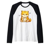 Cute Angry Cat Drinking Coffee Orange Cat Morning Mood Meme Camiseta Manga Raglan