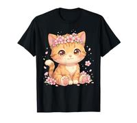 Cute Anime Cat with Cherry Blossoms Flower Kids Girls Boys Camiseta