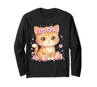 Cute Anime Cat with Cherry Blossoms Flower Kids Girls Boys Manga Larga