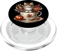 Cute Autumn Kitten In Floral Tea Mug For Cat Mom and Fall PopSockets PopGrip para MagSafe