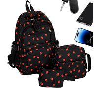 Cute Backpack Set for Girls - 3 Piece School Bag Set | Strawberry Knapsack with Shoulder Pouch and Pen Purse | Student Backpack for Daily Commute Travel Outdoor Camping Kindergarten Boys Girls