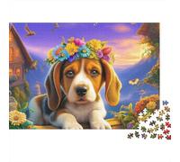 Cute_Beagle_Puppy_with_a_Flower_Crown_on_Its_Head_Sitting_Against_a_Purple_Background_Portrait_phot_ Rompecabezas 1000 Piezas - Antiestrés Mindful, Cartón Premium, Póster Incluido, 52x38cm/1000pcs